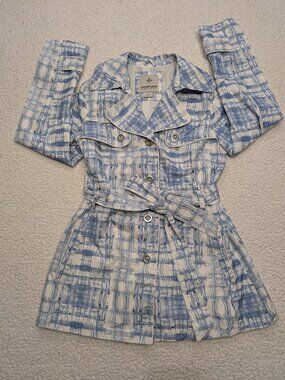 Weather Tamer Blue White Plaid Belted Trench Coat Small